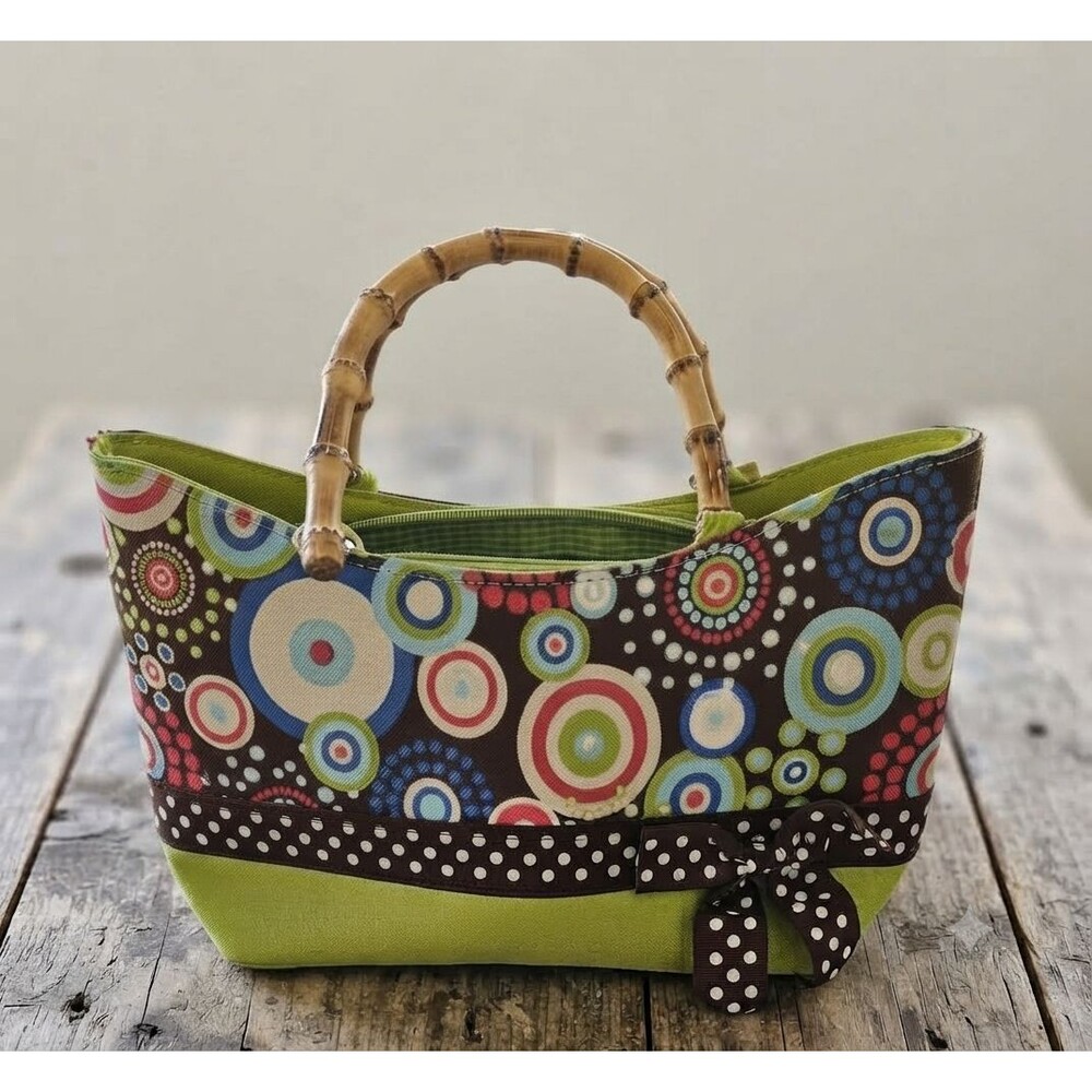 Vntg Y2K Tianni Bamboo Handle Handbag Retro Circle Print Green Bow Preppy Purse